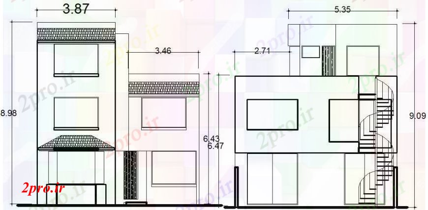 دانلود نقشه مسکونی  ، ویلایی ، آپارتمان   نما طراحی از دو طبقه آپارتمان   (کد97386)