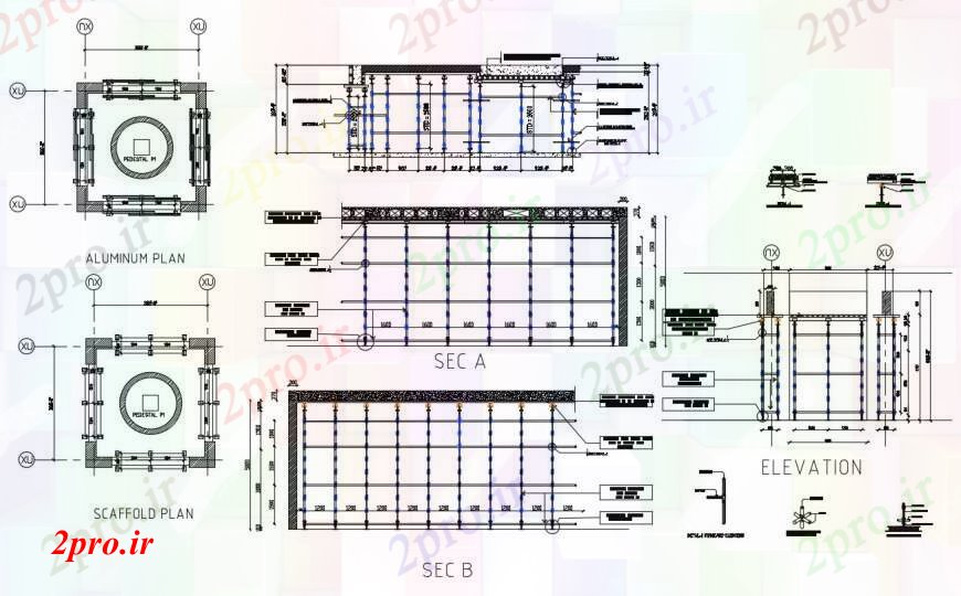 دانلود نقشه جزئیات ساخت و ساز طرحی آلومینیوم اتوکد نما 45 در 54 متر (کد97396)