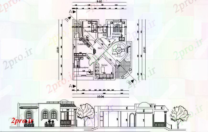 دانلود نقشه مسکونی  ، ویلایی ، آپارتمان  طرحی نما دو بعدی  و بخش از یک طبقه خانه (کد97403)