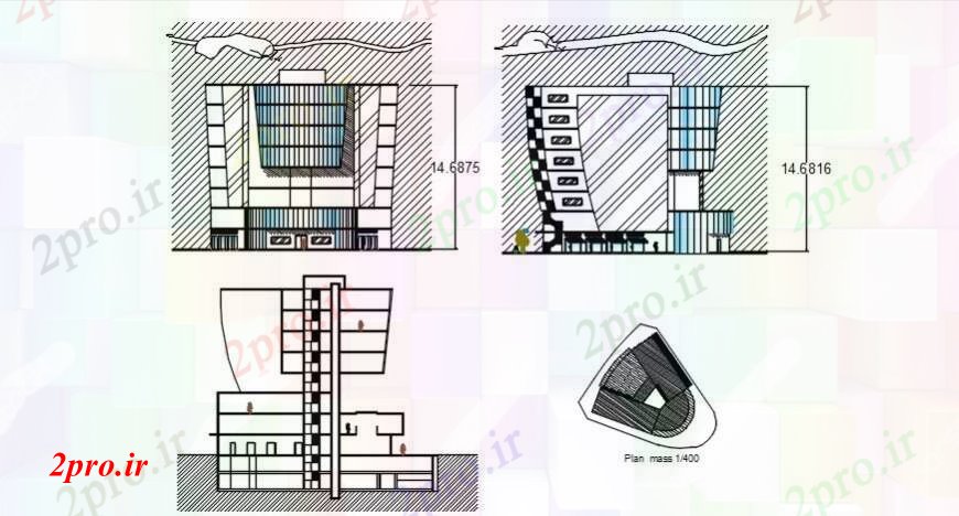 دانلود نقشه هتل - رستوران - اقامتگاه نما هتل و طرحی بخش از 31 در 34 متر (کد97438)