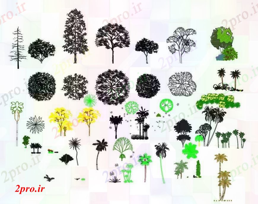 دانلود نقشه درختان و گیاهان درخت وحشی و گیاه دو بعدی  بلوک نما  (کد97518)