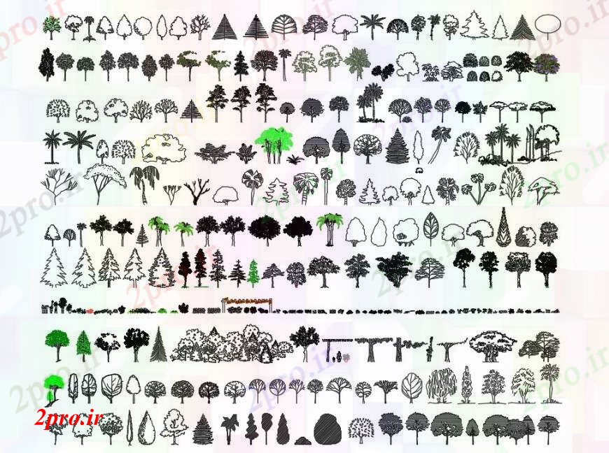 دانلود نقشه درختان و گیاهان درخت باغ  های مختلف و گیاه دو بعدی  بلوک نما  (کد97537)