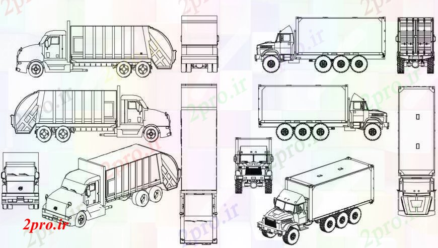 دانلود نقشه بلوک های حمل و نقل چند کامیون Tampo را بلوک نما دو بعدی   (کد97544)