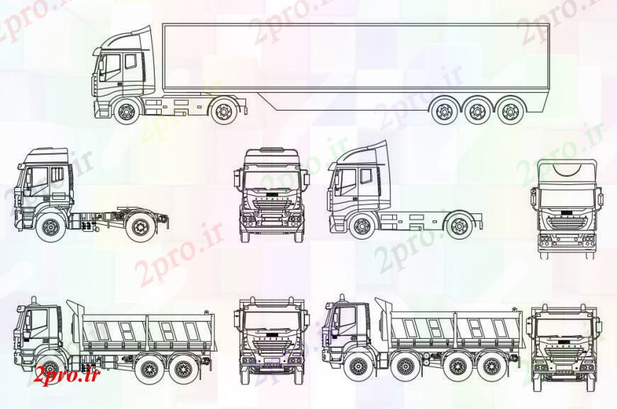 دانلود نقشه بلوک های حمل و نقل چند کامیون طولانی بلوک نما  (کد97546)