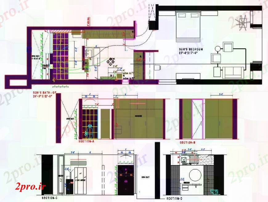 دانلود نقشه حمام مستر طرحی اتاق خواب دو بعدی و بخش طراحی اتوکد 23 در 71 متر (کد97587)