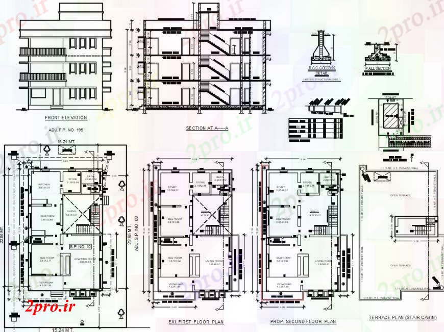 دانلود نقشه مسکونی ، ویلایی ، آپارتمان طرحی خانه زندگی نما آپارتمان ها و طراحی های مقطعی 6 در 7 متر (کد97597)