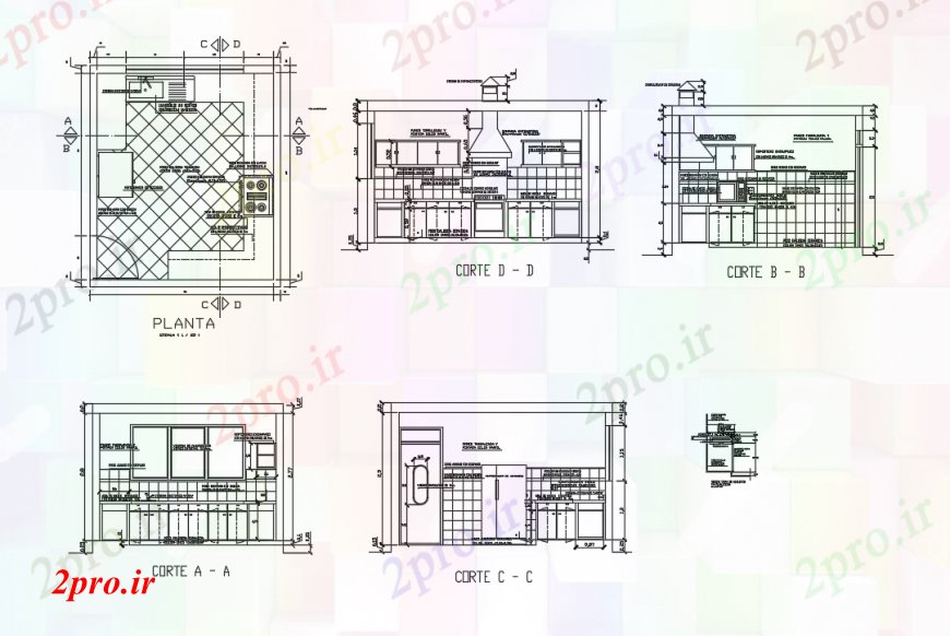 دانلود نقشه جزئیات طراحی ساخت آشپزخانه بخش و کف طراحی آشپزخانه دو بعدی   (کد97606)