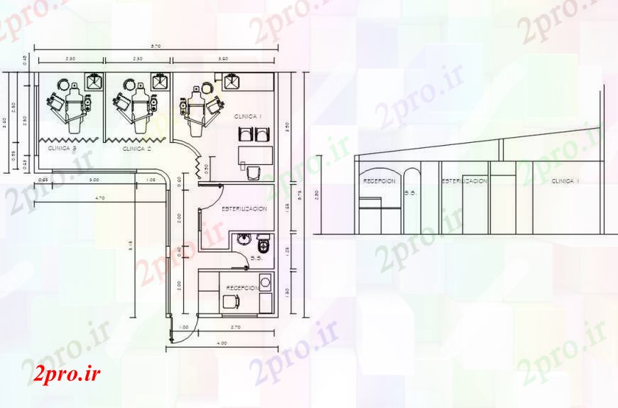 دانلود نقشه بیمارستان - درمانگاه - کلینیک دندانپزشک درمانگاه 8 در 8 متر (کد97613)