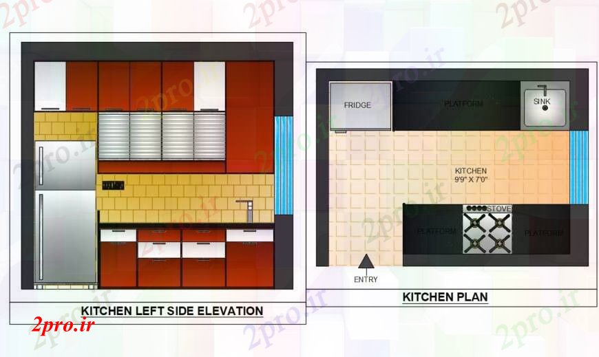 دانلود نقشه آشپزخانه طراحی آشپزخانه با سایه زنی جزئیات   (کد97622)