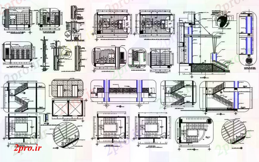 دانلود نقشه جزئیات پله و راه پله دو بعدی رسم از راه پله نما ساخت و ساز اتوکد 15 در 24 متر (کد97689)