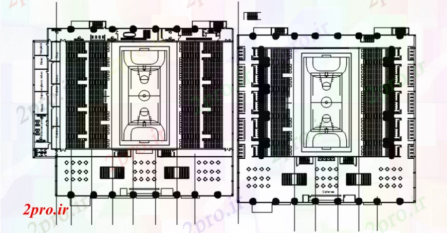 دانلود نقشه ورزشگاه ، سالن ورزش ، باشگاه طرحی زمین بسکتبال در دو سطح متفاوت 74 در 90 متر (کد97767)