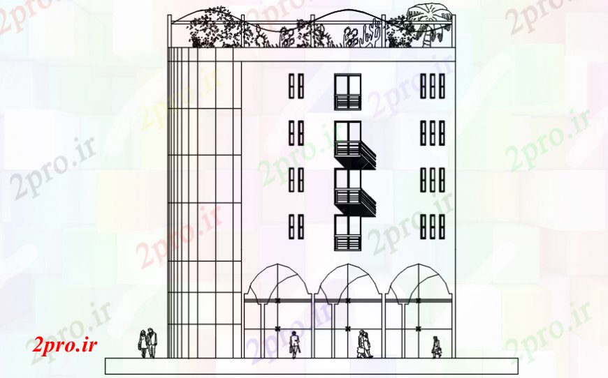 دانلود نقشه هتل - رستوران - اقامتگاه طراحی هتل نما نمای اصلی 16 در 31 متر (کد97778)