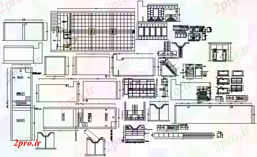 دانلود نقشه نمایشگاه ; فروشگاه - مرکز خرید نما فروشگاه، بخش و ساختار سازنده جزئیات 27 در 81 متر (کد97804)