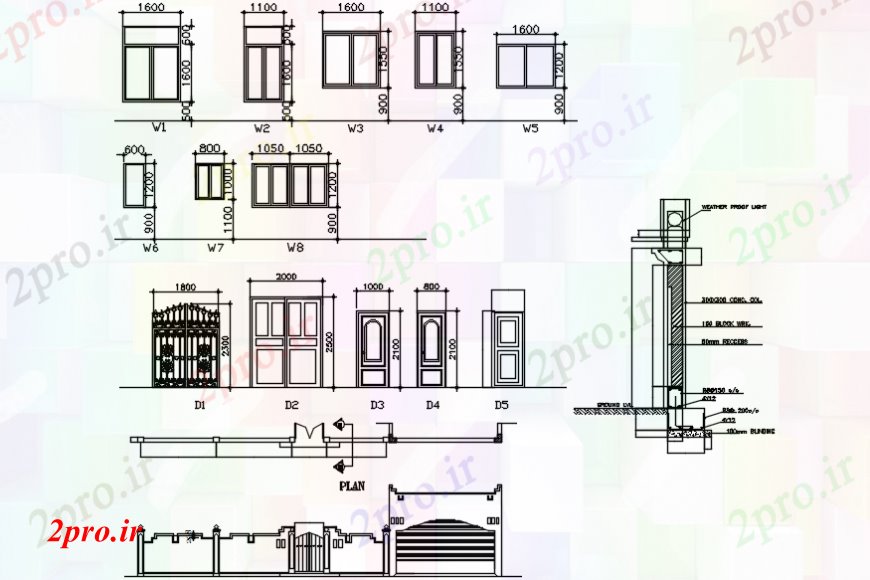 دانلود نقشه جزئیات طراحی در و پنجره دروازه اصلی و تمام درب خانه نصب و راه اندازی طراحی جزئیات 14 در 19 متر (کد97823)