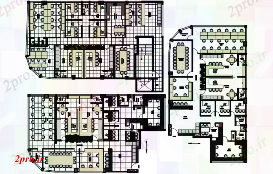 دانلود نقشه ساختمان اداری - تجاری - صنعتی طرحی توزیع طبقه دفتر مدیریت با مبلمان 52 در 92 متر (کد97849)