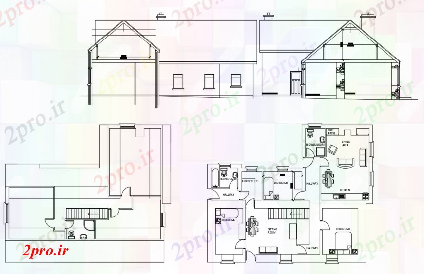 دانلود نقشه مسکونی  ، ویلایی ، آپارتمان  طراحی  دو بعدی  طرحی طبقه اول و   نما (کد98045)