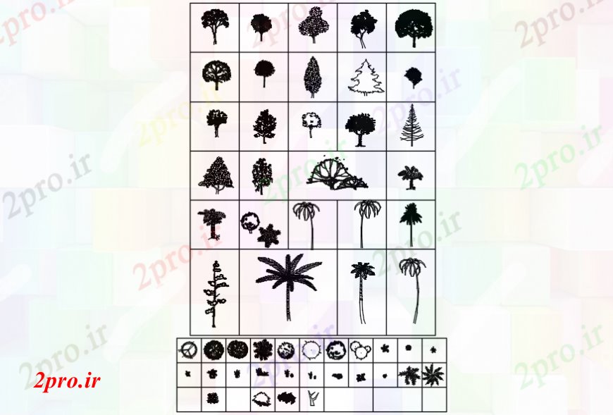 دانلود نقشه درختان و گیاهان درخت مشترک متعدد و گیاه دو بعدی  نما بلوک طراحی جزئیات  (کد98090)