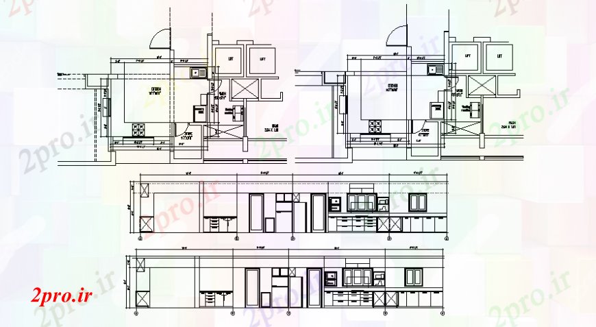 دانلود نقشه جزئیات طراحی ساخت آشپزخانه نقشه هایاز برنامه کاری آشپزخانه با نما جزئیات 5 در 8 متر (کد98100)