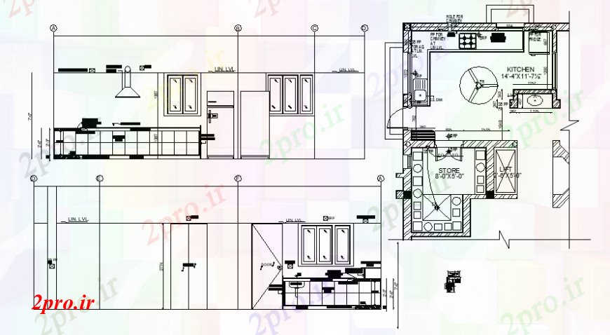 دانلود نقشه آشپزخانه از طرحی طبقه آشپزخانه و نما 4 در 7 متر (کد98102)