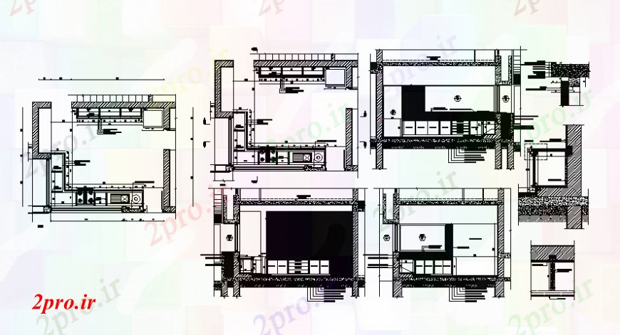 دانلود نقشه جزئیات طراحی ساخت آشپزخانه  طراحی آشپزخانه دو بعدی  طبقه دیدگاه و نما (کد98105)