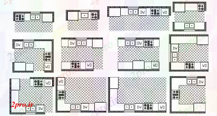 دانلود نقشه جزئیات طراحی ساخت آشپزخانه طرحی چیدمان آشپزخانه  دو بعدی  (کد98118)