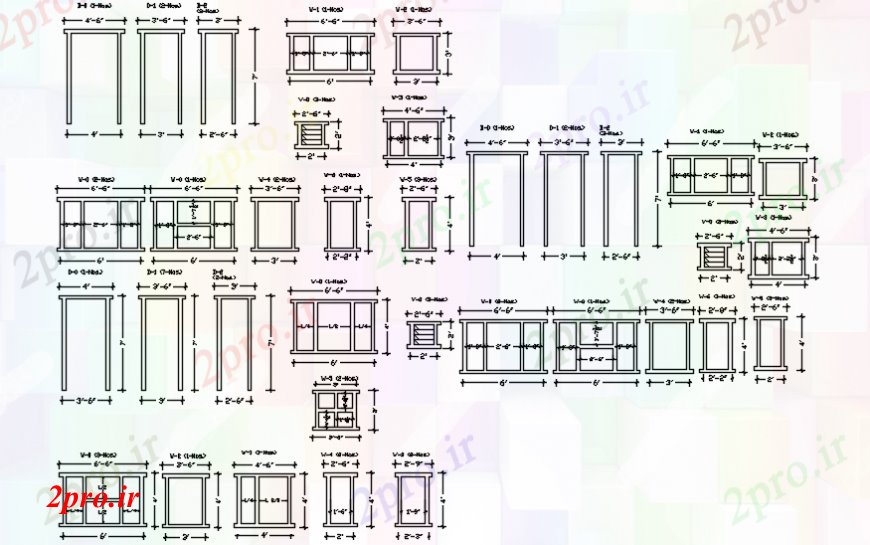 دانلود نقشه جزئیات طراحی در و پنجره درب و پنجره نما بلوک های متعدد برای ویلا 12 در 12 متر (کد98153)