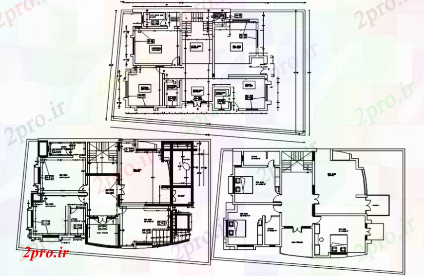 دانلود نقشه مسکونی ، ویلایی ، آپارتمان طبقه توزیع طراحی جزئیات از سه دان خانههای ویلایی 11 در 15 متر (کد98157)