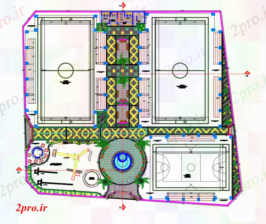 دانلود نقشه ورزشگاه ، سالن ورزش ، باشگاه طراحی دو بعدی ورزشی اتوکد پیچیده 60 در 64 متر (کد98239)