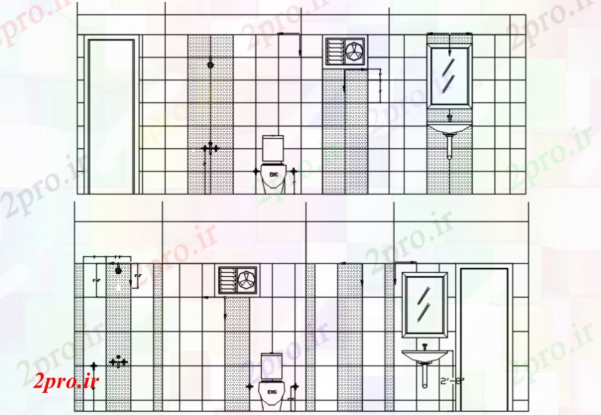 دانلود نقشه حمام مستر جلو توالت توماس و بخش عقب و نصب و راه اندازی بهداشتی جزئیات (کد98358)
