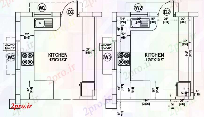 دانلود نقشه آشپزخانه آشپزخانه مدولار دو بعدی    (کد98433)