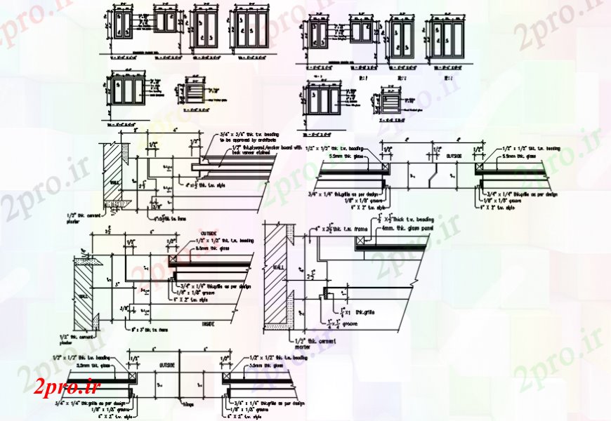 دانلود نقشه جزئیات طراحی در و پنجره  پنجره های خانه نماات و  نازک کاری و طراحی جزئیات  (کد98448)