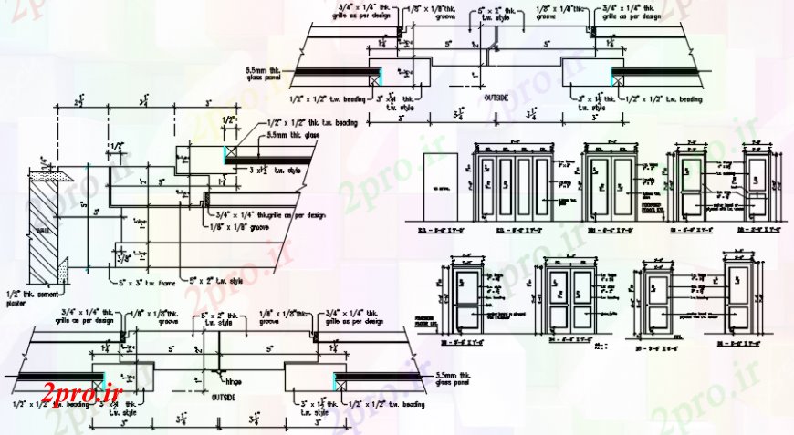 دانلود نقشه جزئیات طراحی در و پنجره  پنجره های تک و دو خانه نما و جزئیات نازک کاری و (کد98452)