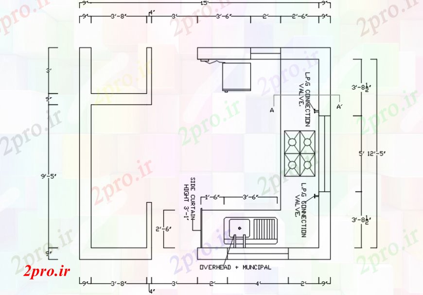 دانلود نقشه آشپزخانه طراحی آشپزخانه با مبلمان و ابعاد  (کد98494)