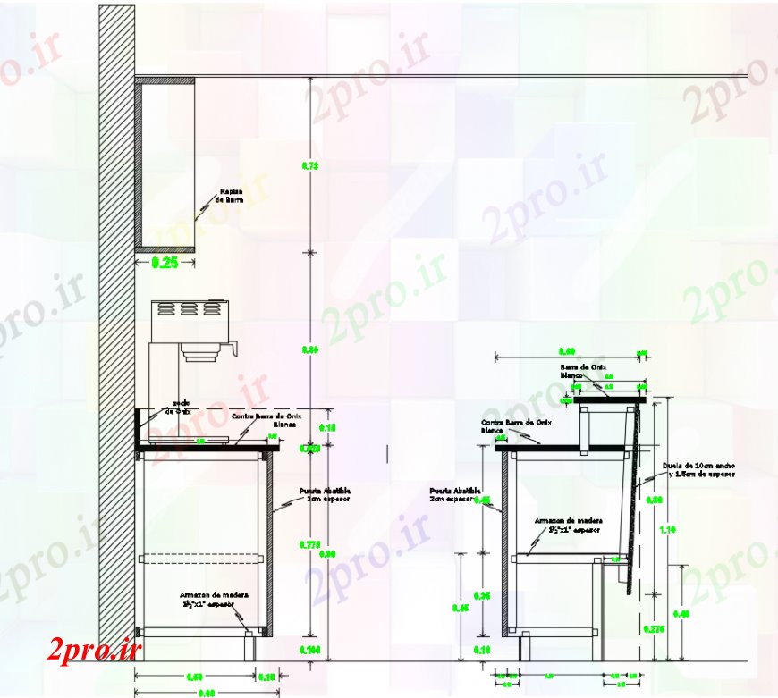 دانلود نقشه طراحی مبلمان آشپزخانه طراحی  دو بعدی  از  اتوکد کافه تریا (کد98505)