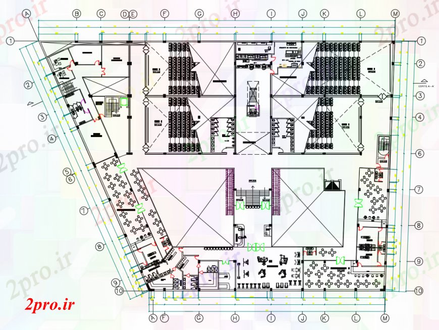 دانلود نقشه هایپر مارکت - مرکز خرید - فروشگاه طراحی دو بعدی از سطح طبقه 2 خرید اتوکد مرکز 55 در 78 متر (کد98571)