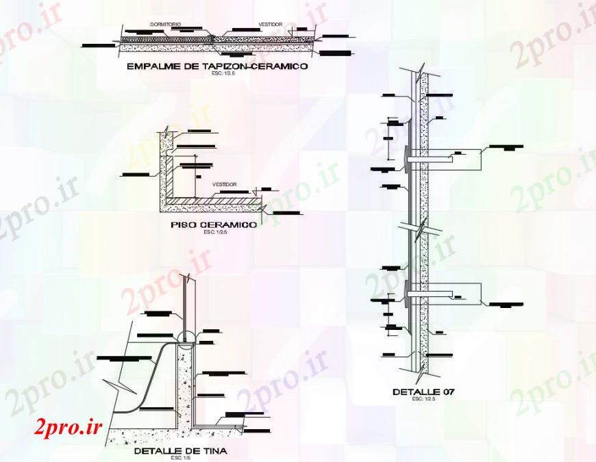 دانلود نقشه جزئیات ساخت و ساز دیوار برش جزئیات بخش ها و واحدهای سنگ تراشی بتن  (کد98676)