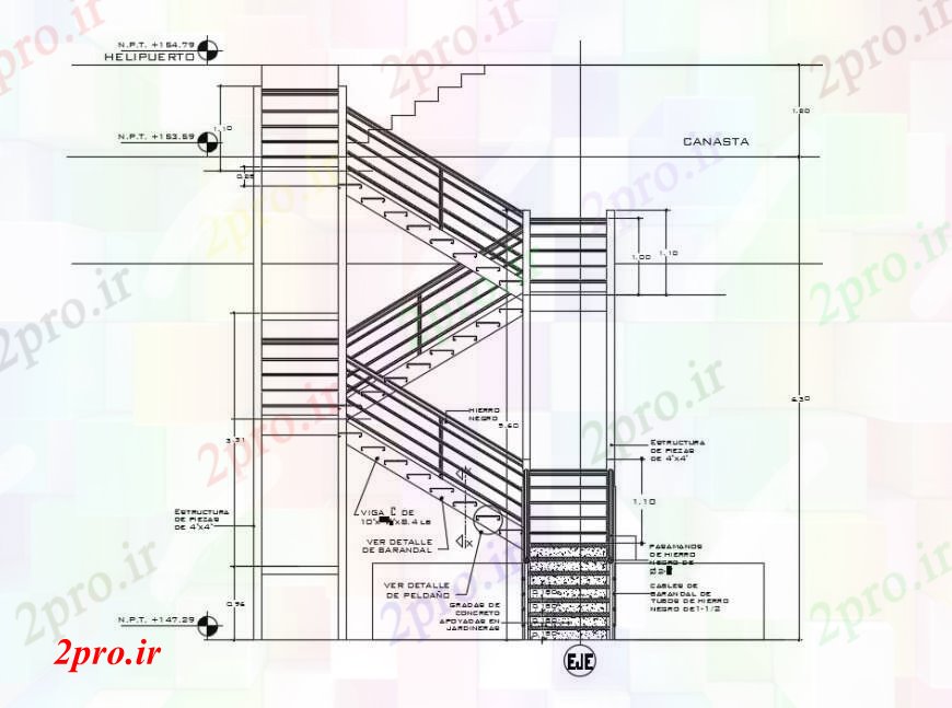 دانلود نقشه جزئیات پله و راه پله   نما  دو بعدی  از طراحی های ساخت و ساز راه پله به  (کد98682)