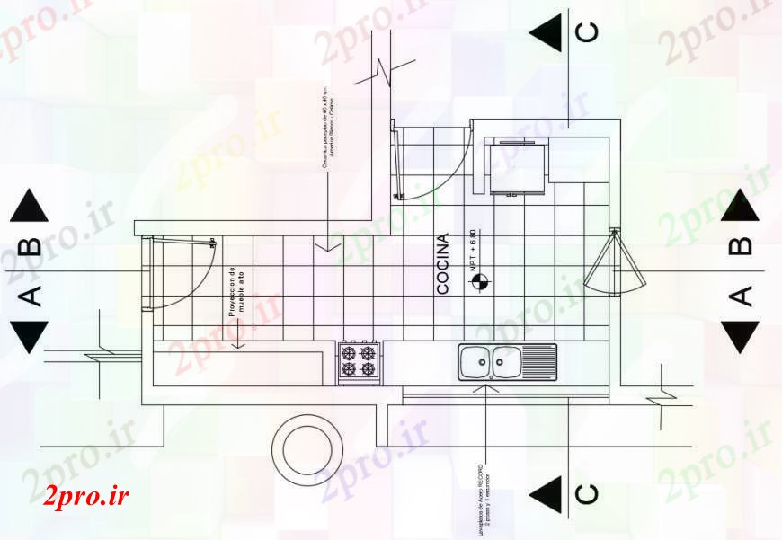 دانلود نقشه آشپزخانه برنامه و مقطعی جزئیات آشپزخانه دو بعدی نظر طرحی 12 در 21 متر (کد98703)