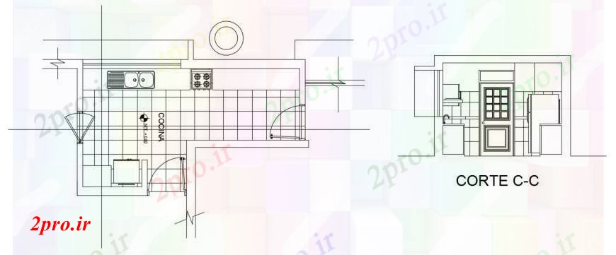 دانلود نقشه جزئیات طراحی ساخت آشپزخانه طراحی دو بعدی جزئیات طرحی آشپزخانه و بخش های 12 در 21 متر (کد98709)