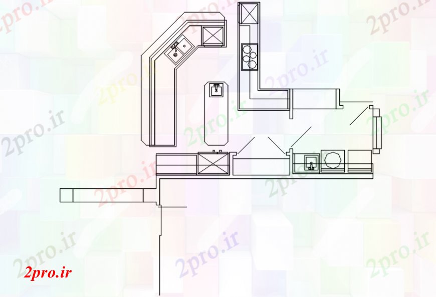 دانلود نقشه آشپزخانه طراحی آشپزخانه بالای صفحه  با مبلمان و داخلی  (کد98843)