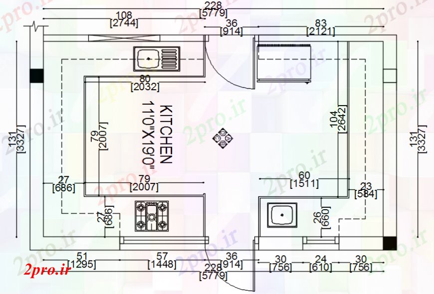 دانلود نقشه آشپزخانه آشپزخانه طراحی بندی های کوچک با ابعاد  (کد98880)