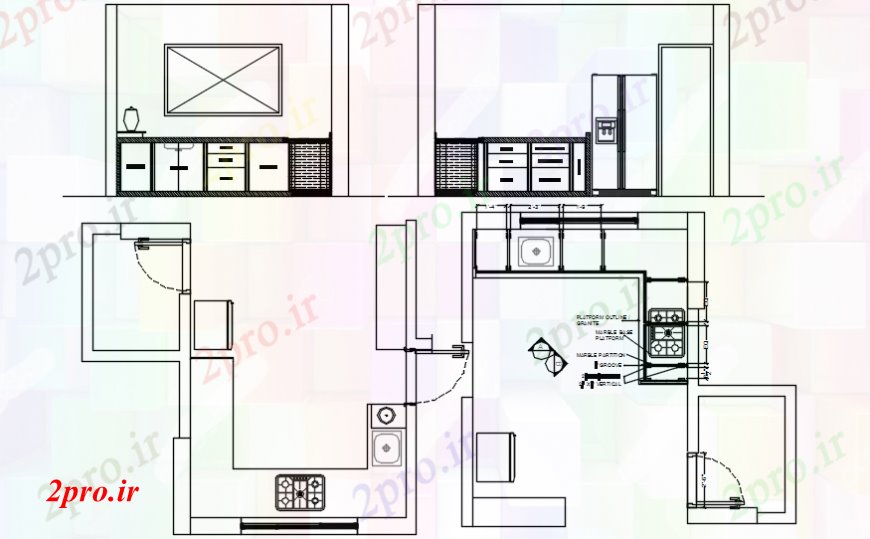 دانلود نقشه آشپزخانه آشپزخانه هر دو بخش طرفه و طرحی های 56 در 57 متر (کد98886)