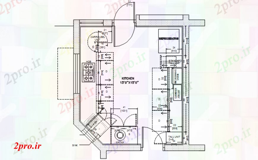 دانلود نقشه آشپزخانه آشپزخانه طراحی خانه با ابعاد 17 در 18 متر (کد98905)