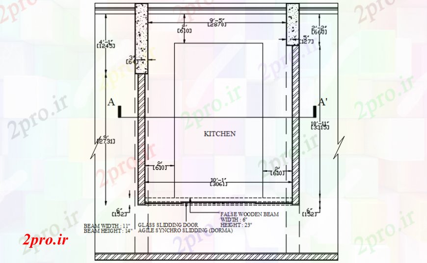 دانلود نقشه جزئیات طراحی ساخت آشپزخانه بخش دیوار آشپزخانه با شیشه و کشویی ساختار  درب جزئیات (کد98909)