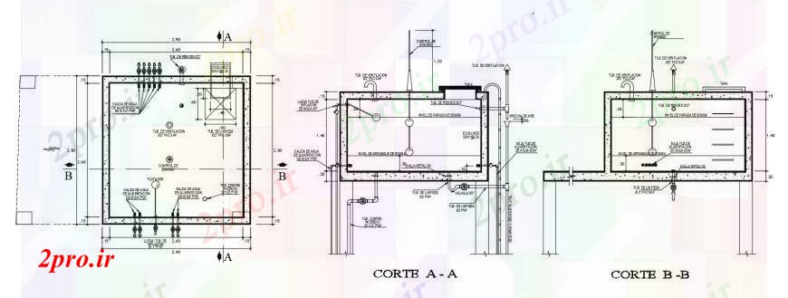 دانلود نقشه جزئیات لوله کشی دو بعدی واحدهای تانک آب طراحی مقطعی 3 در 4 متر (کد98978)