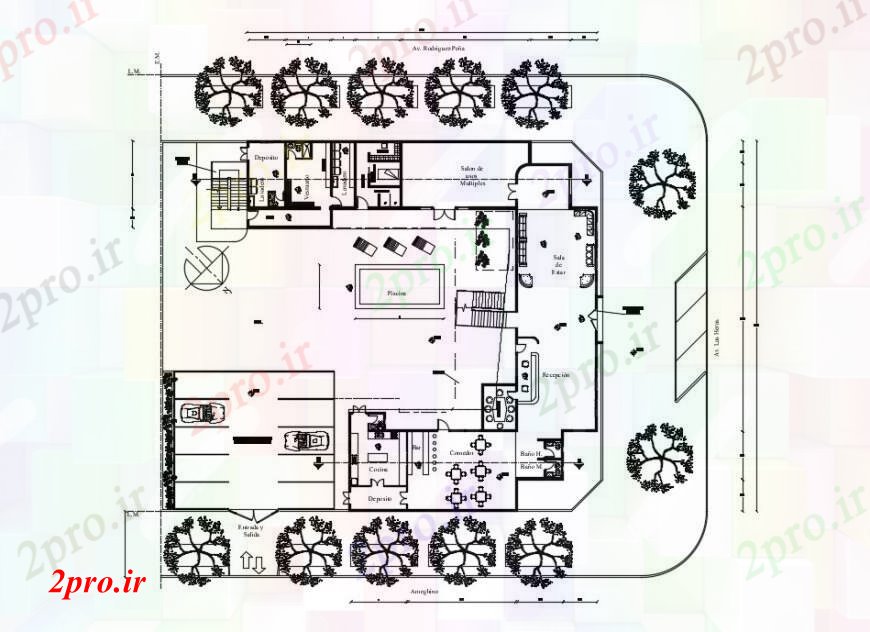 دانلود نقشه هتل - رستوران - اقامتگاه نقشه های از طرحی هتل دو بعدی 33 در 37 متر (کد98990)