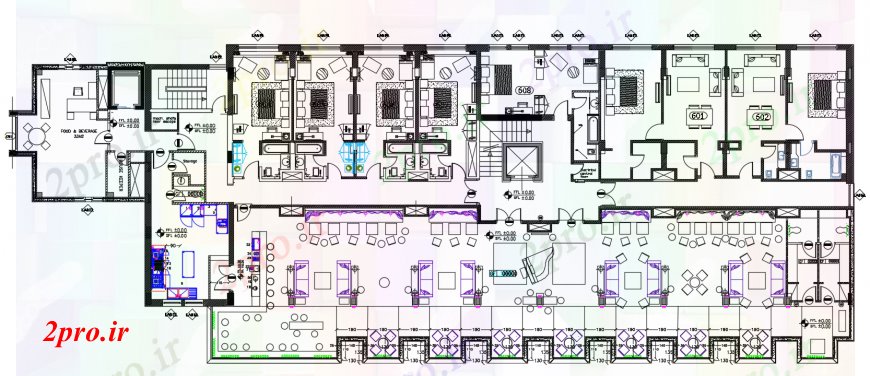 دانلود نقشه هتل - رستوران - اقامتگاه طراحی دو بعدی سقف هتل 18 در 50 متر (کد99004)