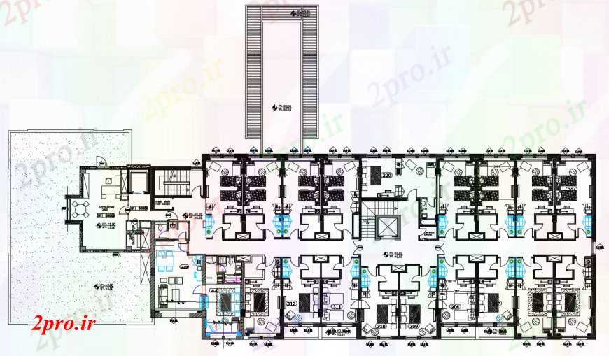 دانلود نقشه هتل - رستوران - اقامتگاه طراحی دو بعدی از طبقه دوم 18 در 50 متر (کد99006)