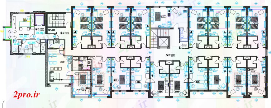 دانلود نقشه هتل - رستوران - اقامتگاه طراحی دو بعدی از اتوکد طبقه سوم 18 در 50 متر (کد99007)