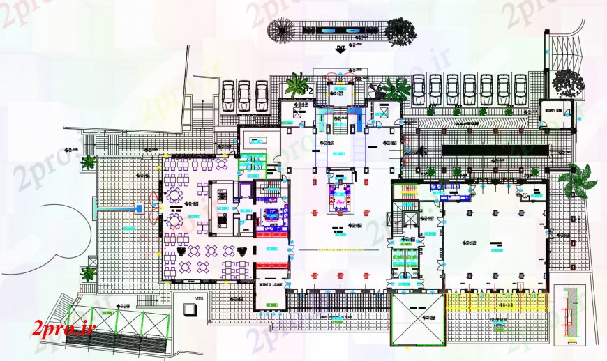 دانلود نقشه هتل - رستوران - اقامتگاه طراحی دو بعدی از طبقه همکف طرحی هتل اتوکد 18 در 50 متر (کد99021)